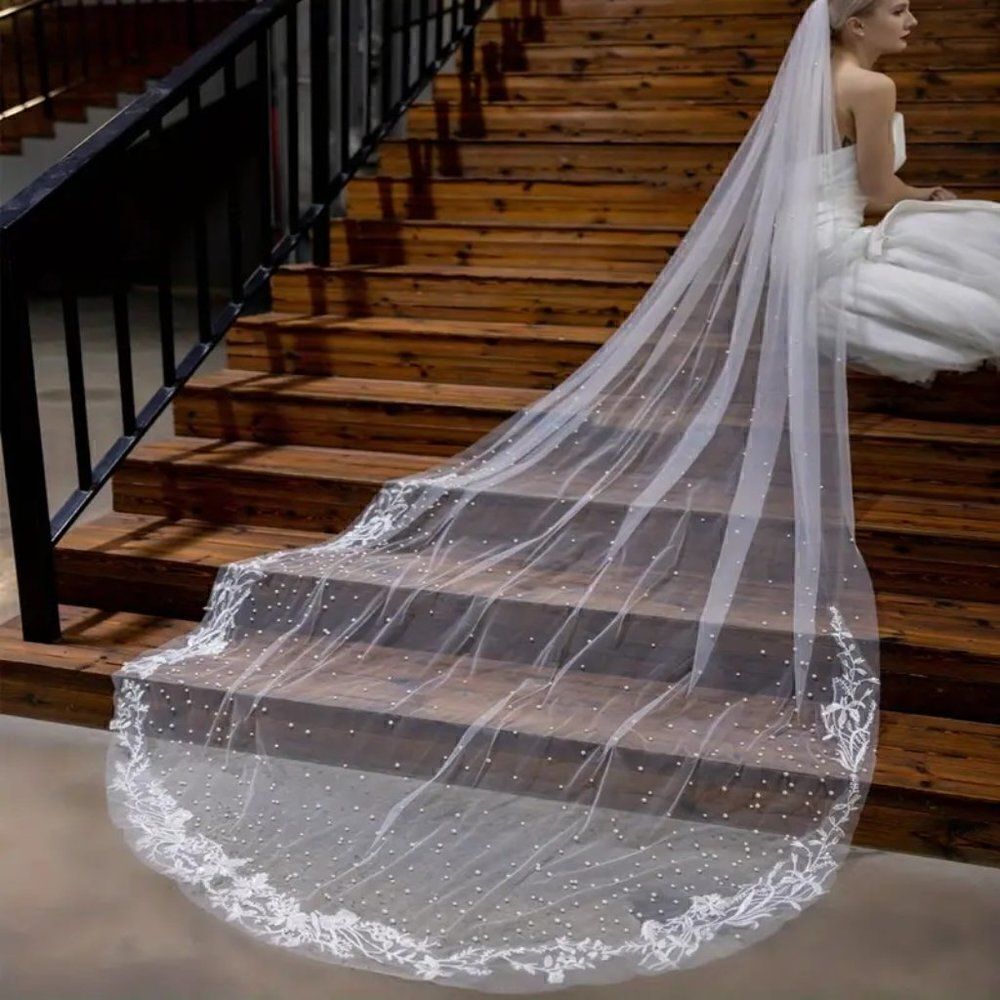 Floral Lace and Pearls Cathedral Bridal Wedding Veil With Comb Over 9' Long - Picture 2 of 7